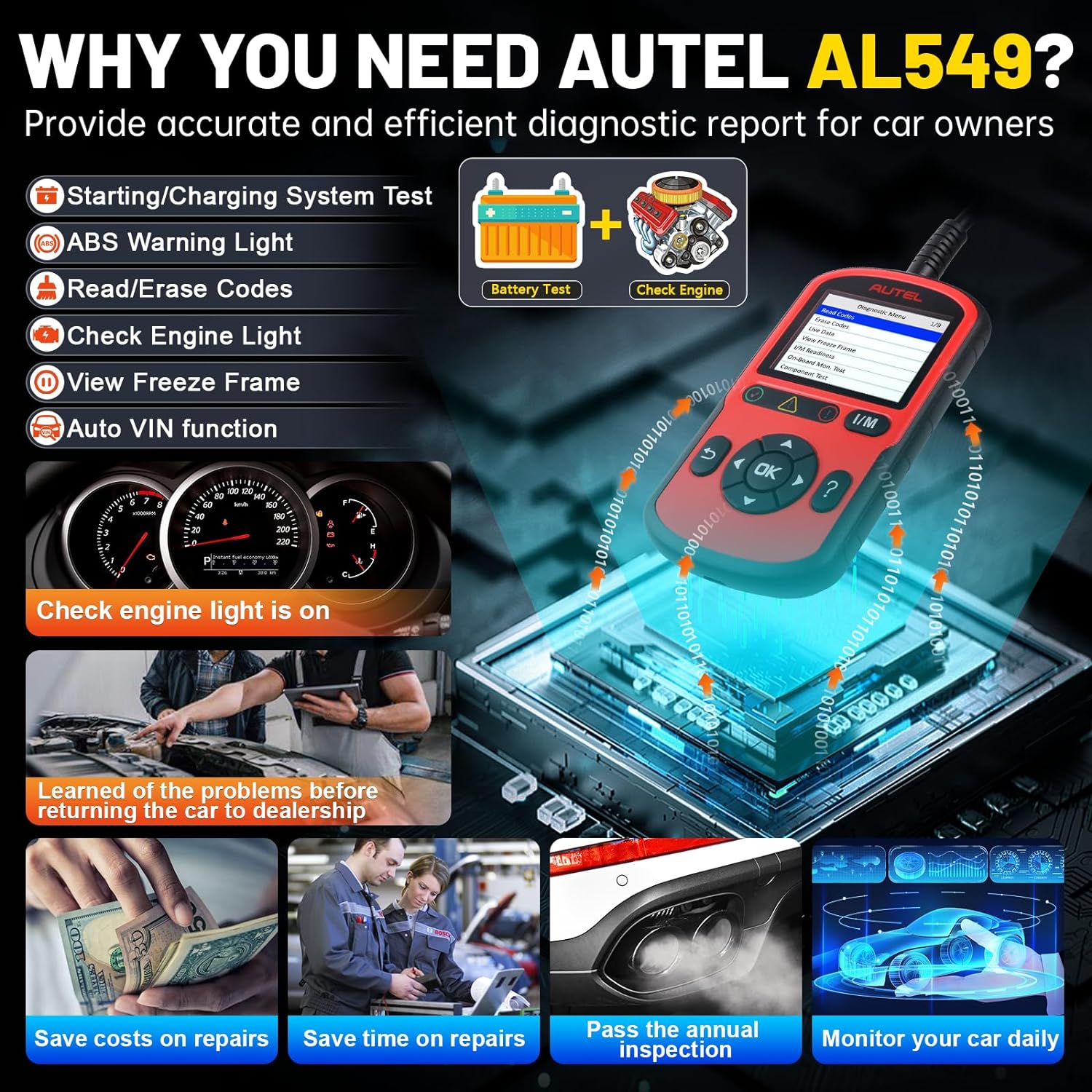 Autel OBD2 Scanner AL549(Upgraded Ver. of AL519/AL529) Code Reader with AutoVin, Read/Erase DTCs for ABS, Universal Car Battery Test, OBDII Scan with Live Data, Check Engine Fault OBD2 Diagnostic Tool