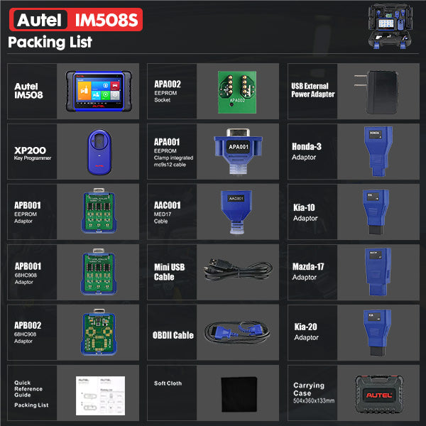 The package list of Autel MaxiIM IM508S key fob programmer