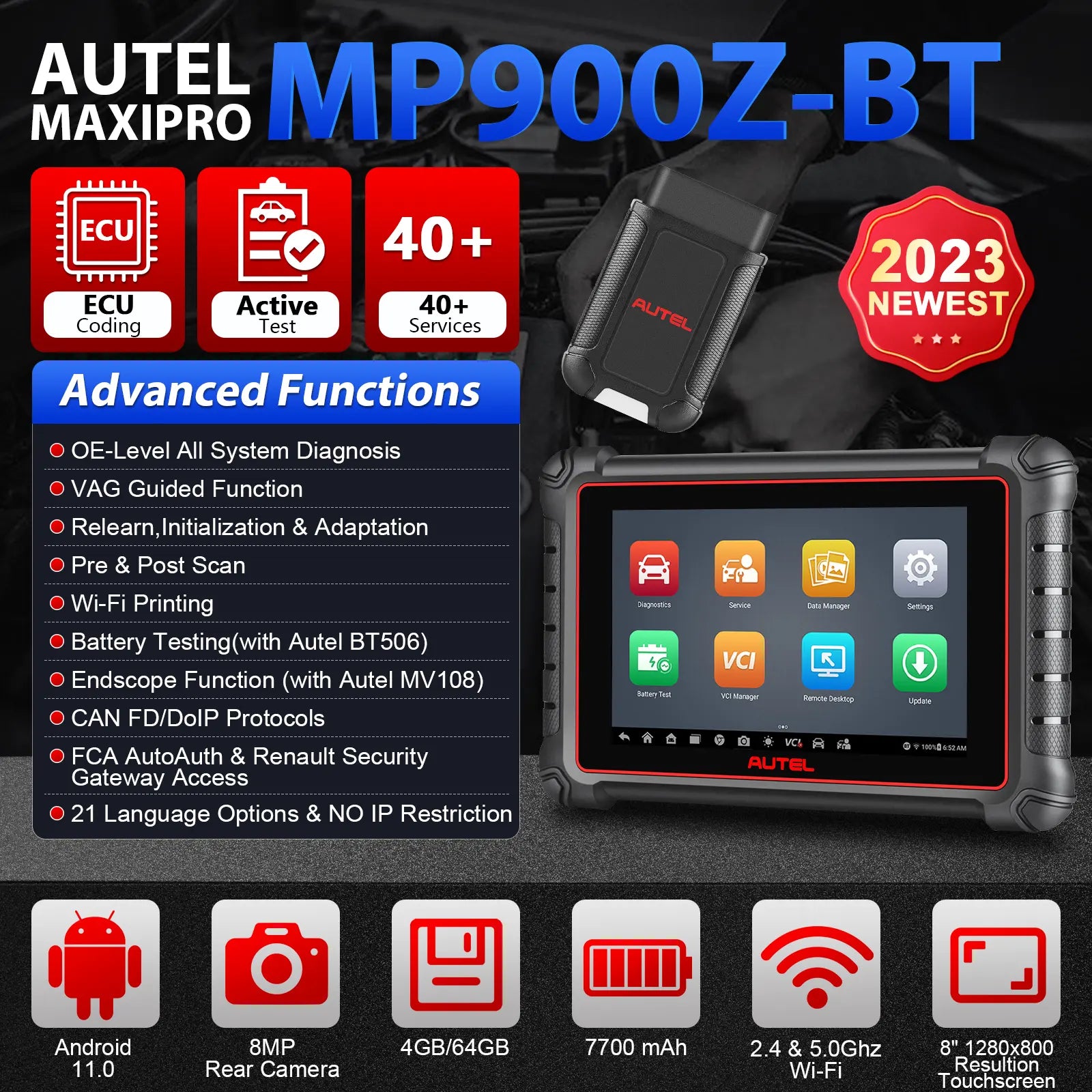 2023 Autel MaxiPro MP900Z-BT: Advanced Wireless & Bluetooth All System Car Diagnostic Scanner with ECU Coding, WiFi Print, Update of MP808BT PRO