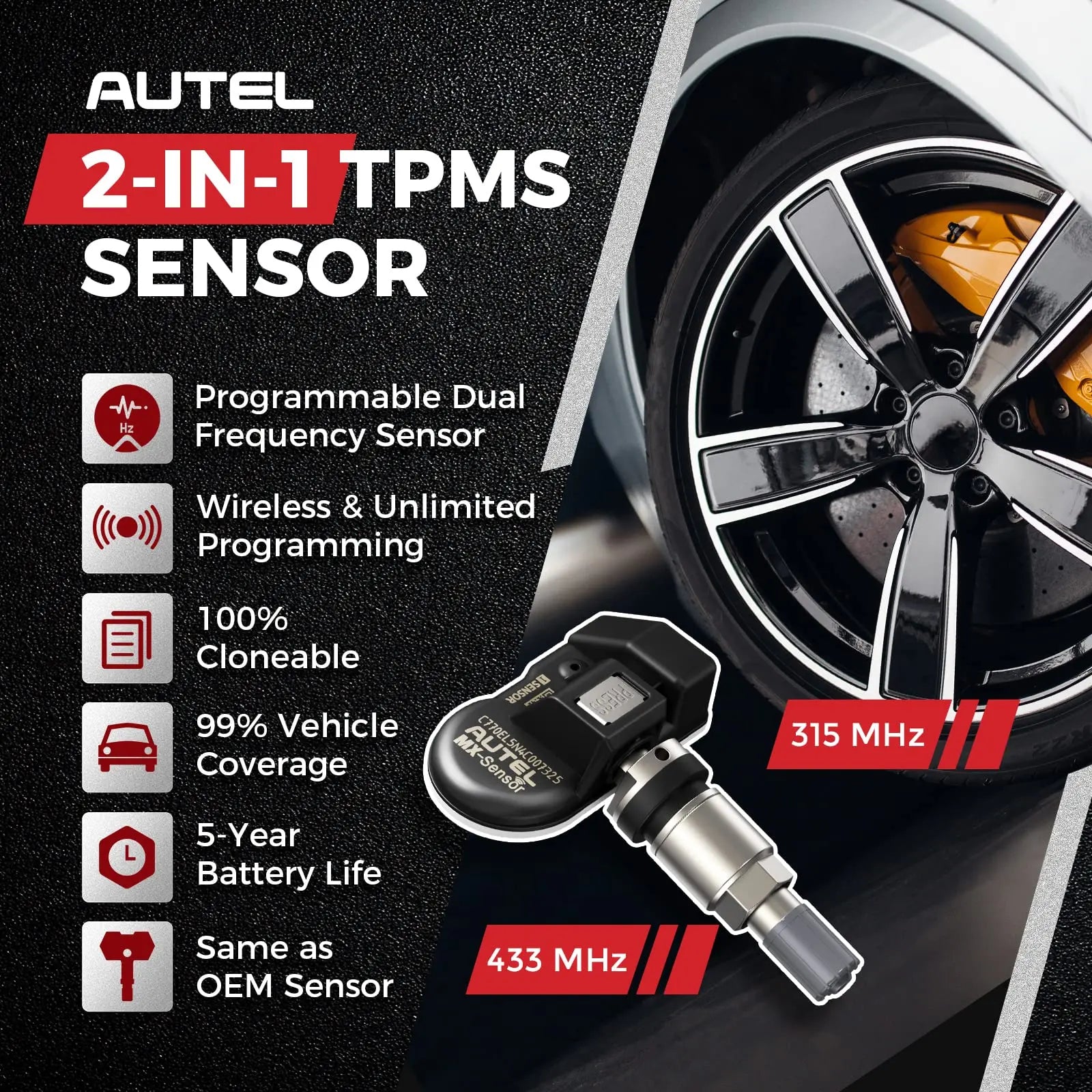 Autel MX Sensor TPMS 2-in-1 (315MHz+433MHz) - Universal TPMS Tire Pressure Sensor, Replace 98% OE, J1205/J120