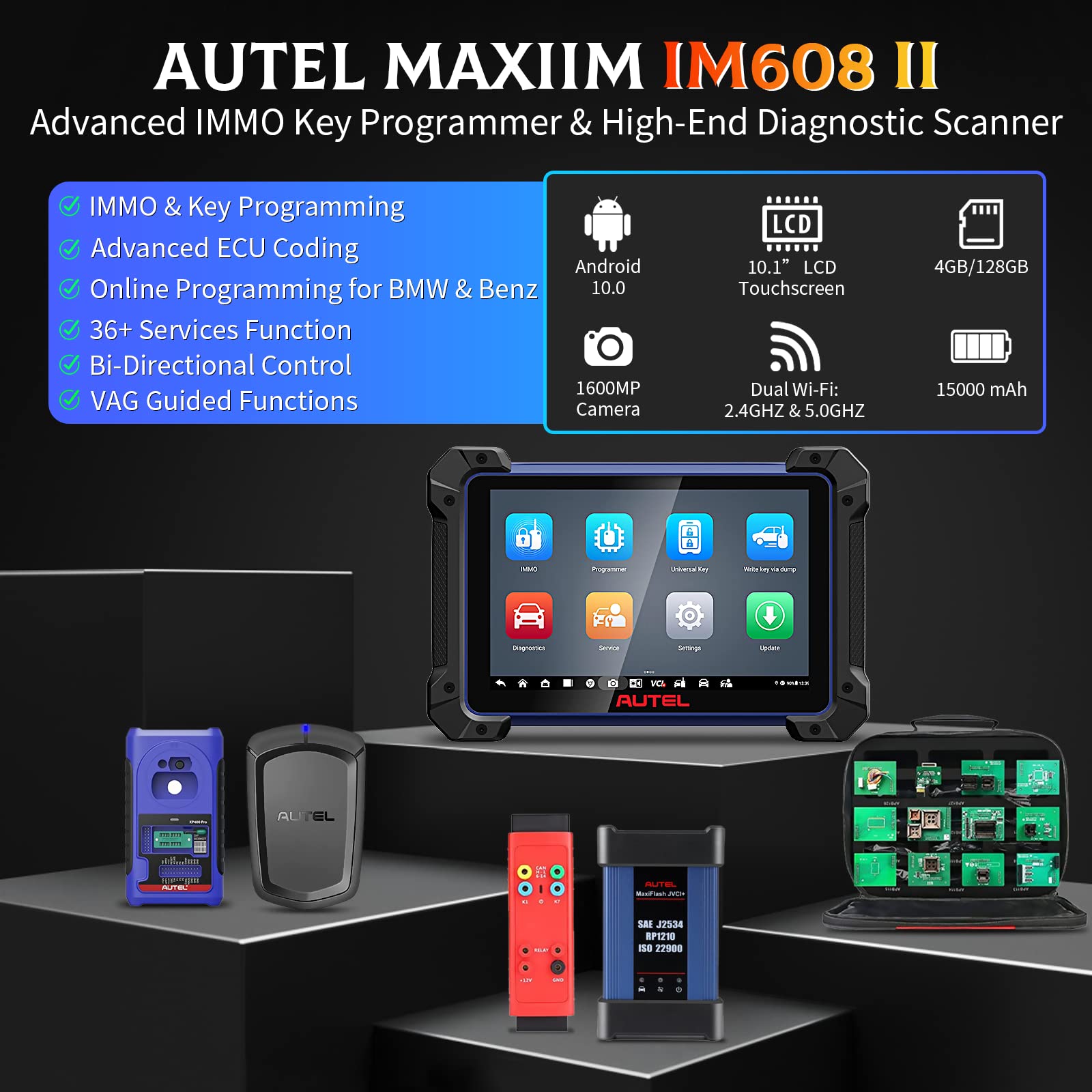 Autel MaxiIM IM608 PRO II Key FOB Immobilizer Programming Tool with 2024 Android 10 Enhanced of IM608S/IM608 II, OE ECU Coding, Bi-Directional, GB+ 128GB, 40 Service