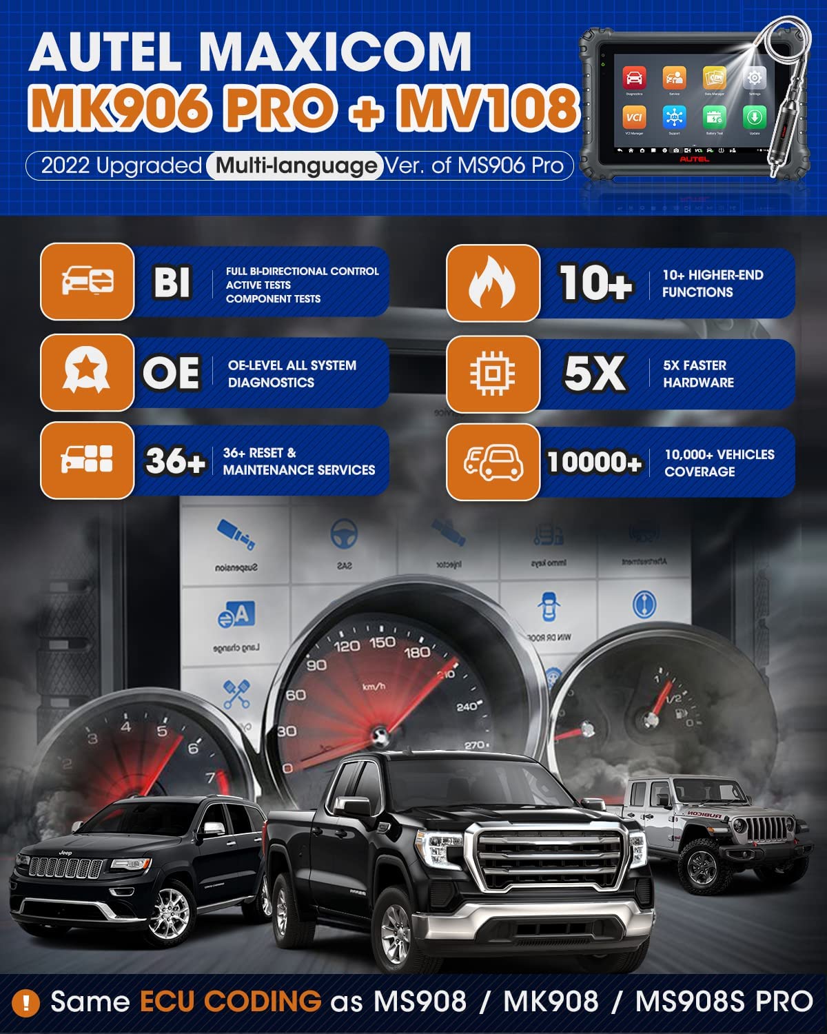 Autel Scanner MaxiCOM MK906 Pro with $60 MV108, 2024 Newest Car Diagnostic Tool, ECU Coding & Bi-Directional, VAG Guided, 36+ Service, DoIP/ CAN FD, Global Model of MS906 Pro MS906BT MS906, FCA Access