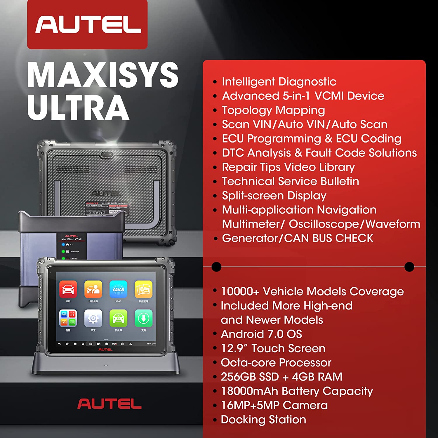 Autel MaxiSys Ultra Scanner 2023 Top Automotive Intelligent Diagnostic Scan Tool with 5-in-1 MaxiFlash VCMI, Bi-Directional Scanner, 40+ Services, Topology Map and Upgraded of MS908S Pro Elite MS906 Pro