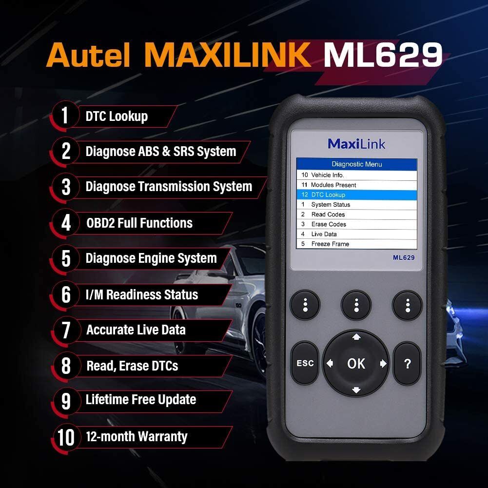 Autel MaxiLink ML629 OBD2 Scanner Diagnostic ABS SRS Engine Transmission, OBD II Full Functions Upgraded Version of the ML619 for DIYers Professionals