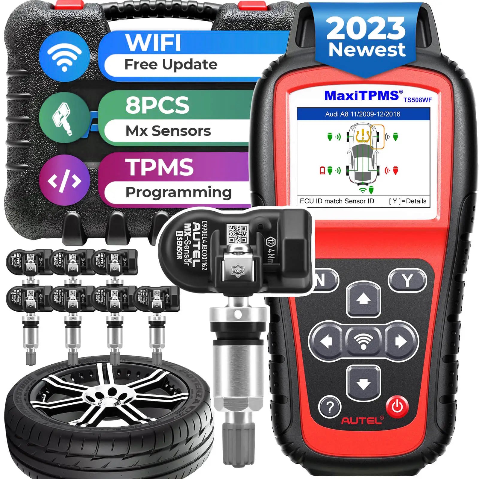 Autel TS508WF TPMS Relearn Reset Diagnostic Tool Tire Pressure Sensor Programming , 2024 Newest Upgraded of TS501, TS408, Program MX-Sensors(315/433 MHz), Activate/Relearn All Sensors, TPMS Reset, Read/Clear TPMS DTCs