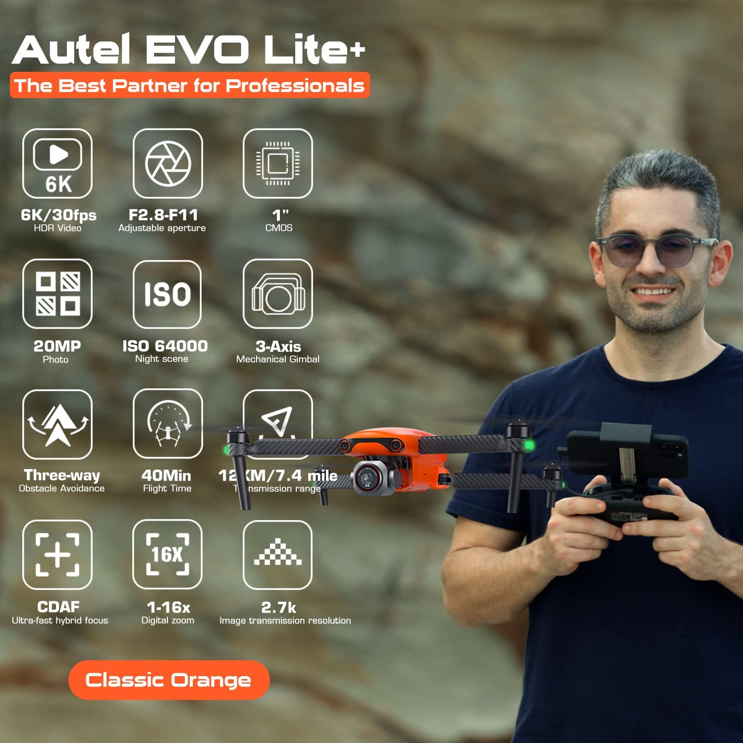 Autel Robotics EVO Lite+ Plus Drone Standard - 6K Aircraft with 1" CMOS Sensor, F2.8-F11 Adjustable Aperture , 3-Axis Gimbal, 3-Way Obstacle Avoidance, 40Min Flight Time, 7.4 Miles Transmission