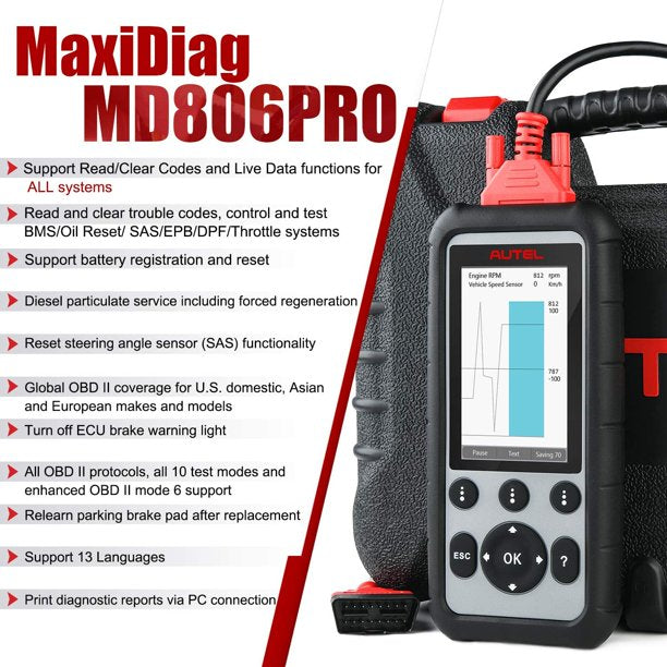 Autel MaxiDiag Scanner MD806 Pro OBD2 Scanner, Autel maxidiag md806 pro,  Car Diagnostic Scan Tool (Same Functions As MD808 Pro)  with All System Diagnosis & Auto VIN, Oil Reset, EPB, SAS, BMS, DPF Regen, Autel md806 pro, Autel maxidiag md806