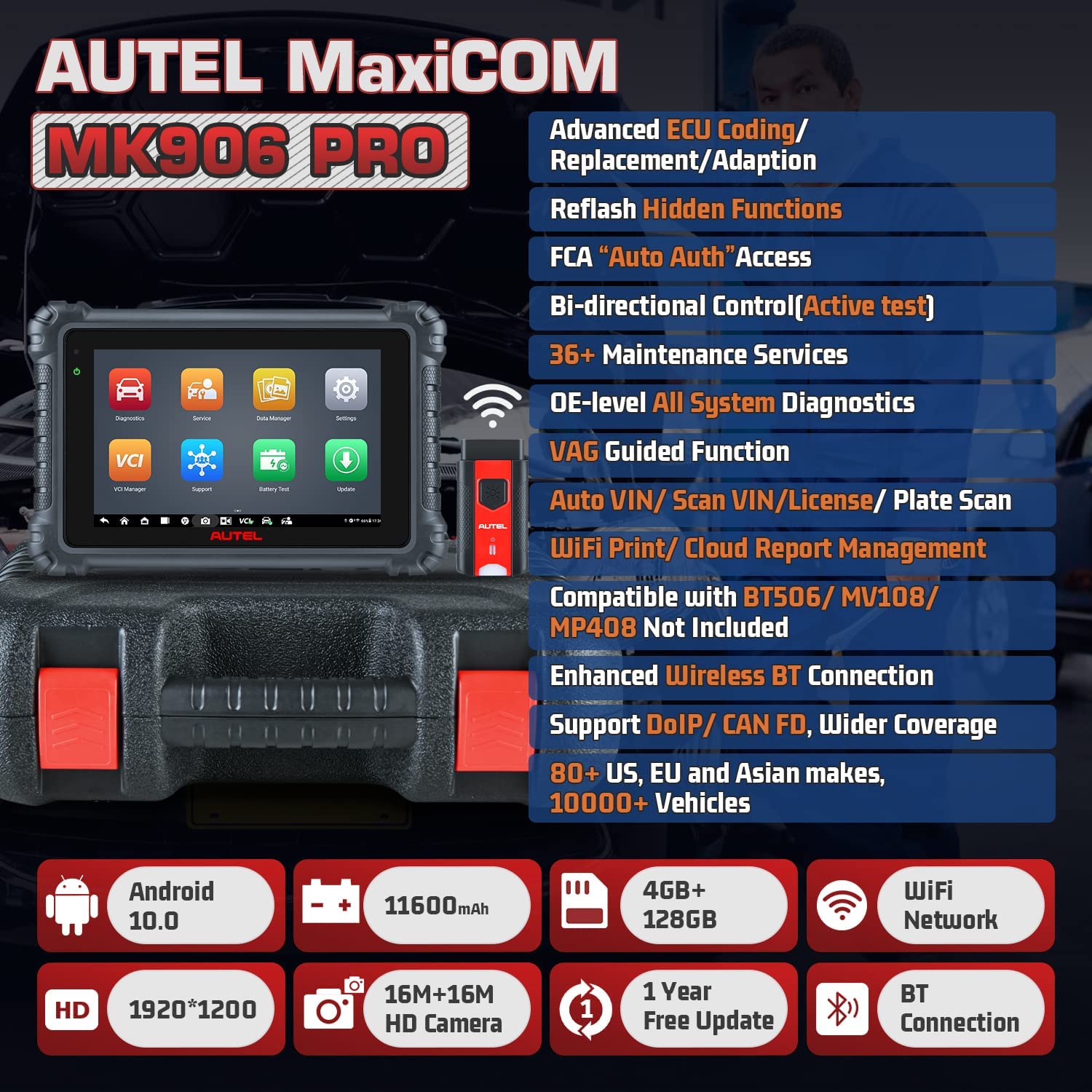 Autel Scanner MaxiCOM MK906 Pro Diagnostic Scan Tool, autel scantool, 2024 Newer6BT,  Model of MaxiSys MS906 Pro/ MS906S/ MS906BT,autel store, Advanced ECU Coding, Bi-Directional Control, belgium, 36+ Services, compatible, diagnose, Full System Diagnosis