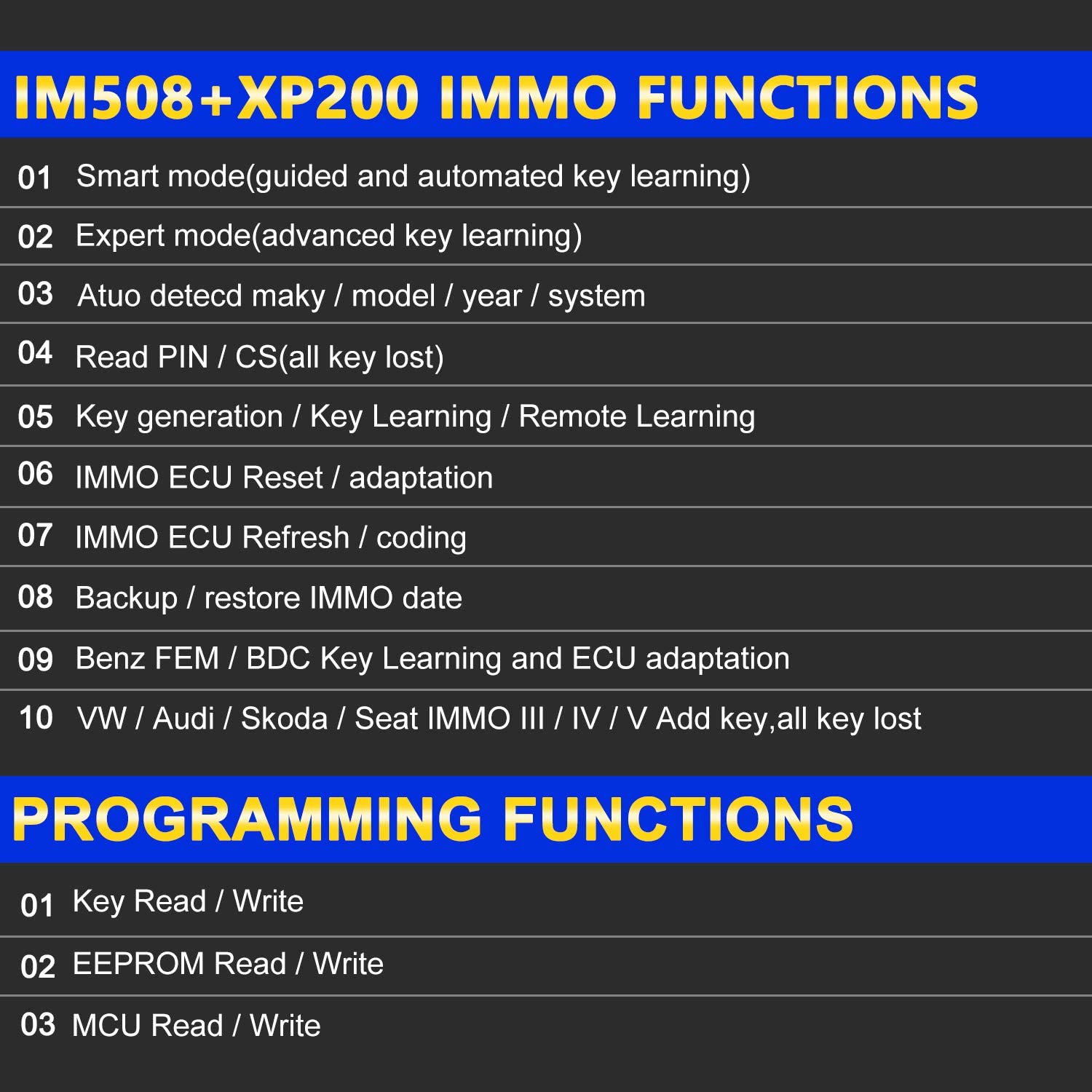 The IMMO and programming functions of Autel im508 car list 